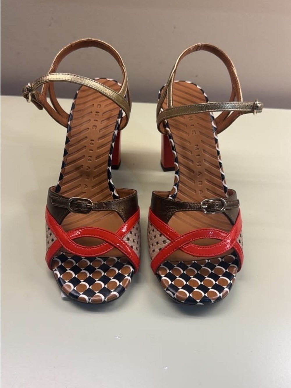 Chie Mihara Red Bronze Geometric Pattern Block Heel Sandals